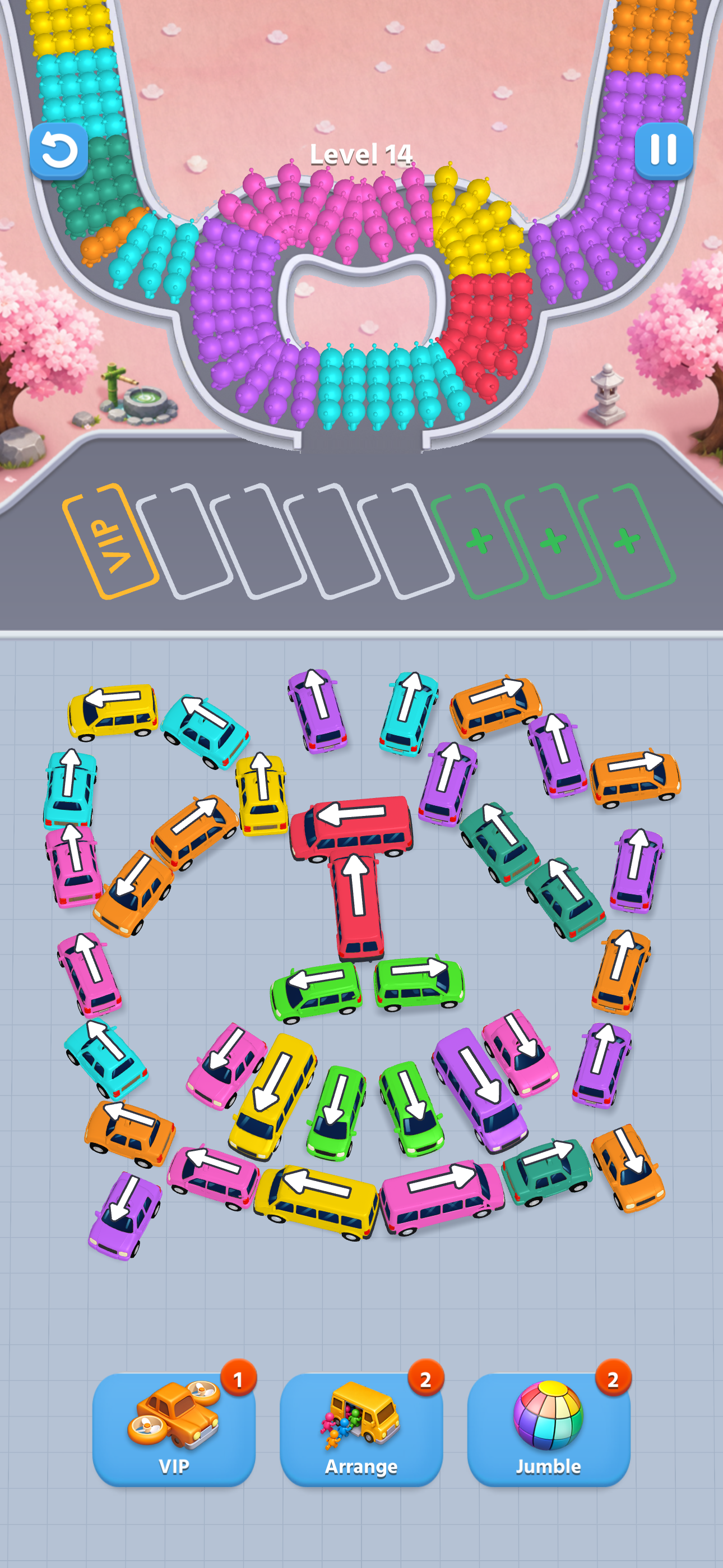 Cosmic Cab gameplay with colorful taxis in a circular layout and alien passengers waiting above